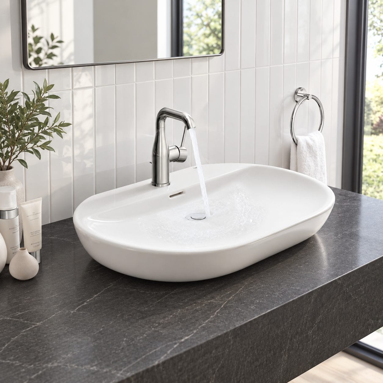 GROHE Essence bathroom basin faucet installed on a vanity