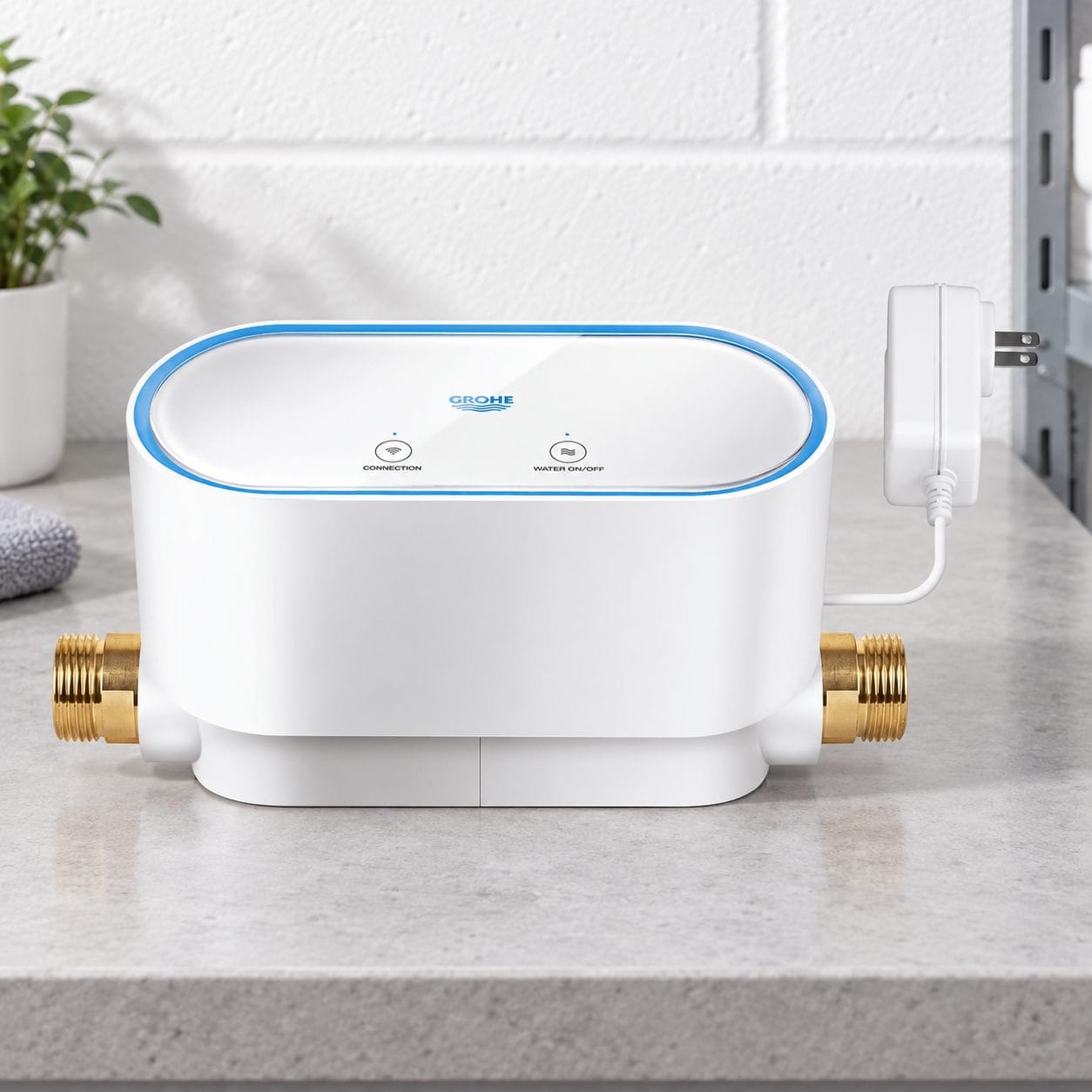 GROHE Sense Guard 22503LN0 smart water controller, white, with brass pipe connections and power adapter