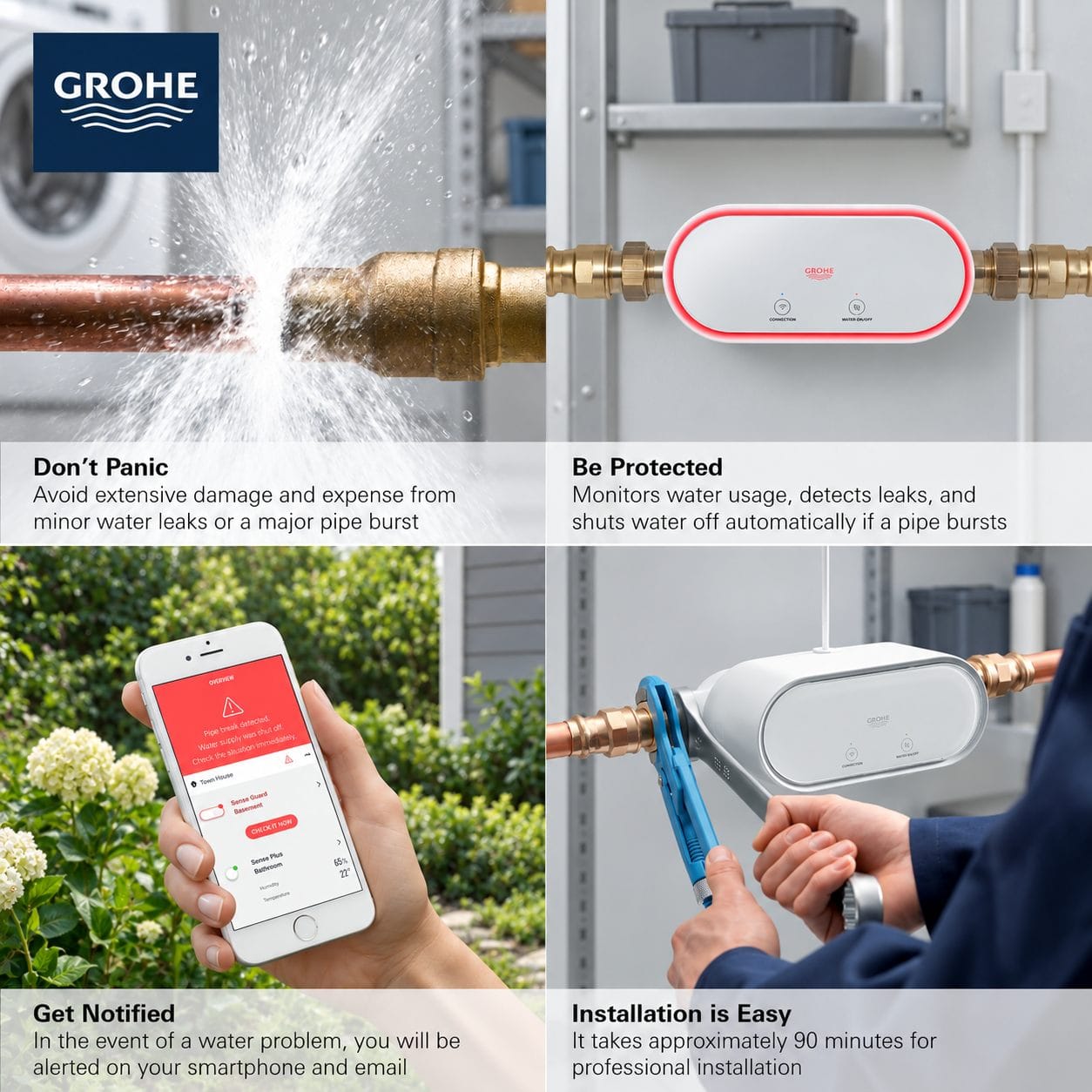 GROHE Sense Guard features: detects leaks, shuts water off automatically on a pipe burst, alerts by phone and email