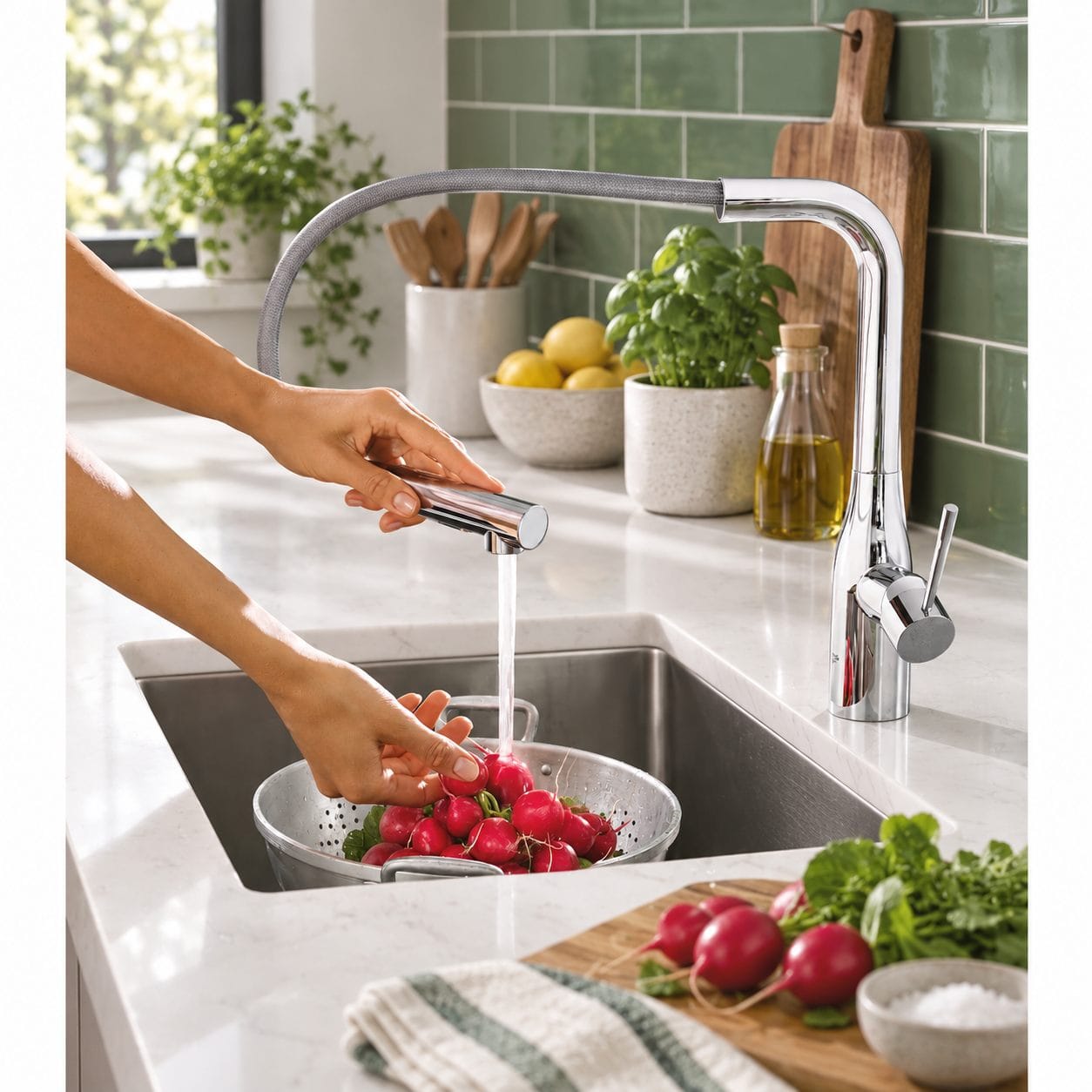 GROHE single-handle kitchen faucet 30271000 installed at a kitchen sink