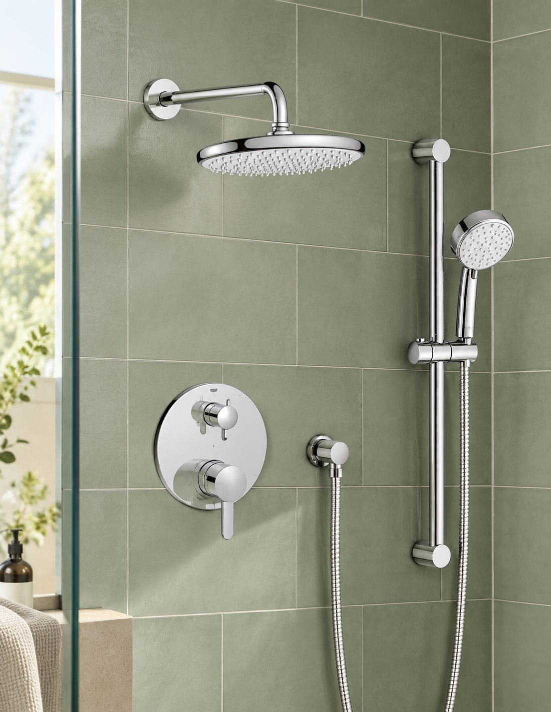 GROHE Rainshower shower system installed in a tiled shower