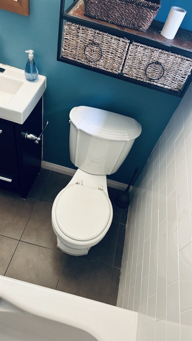 White two-piece toilet in a teal bathroom beside a dark vanity
