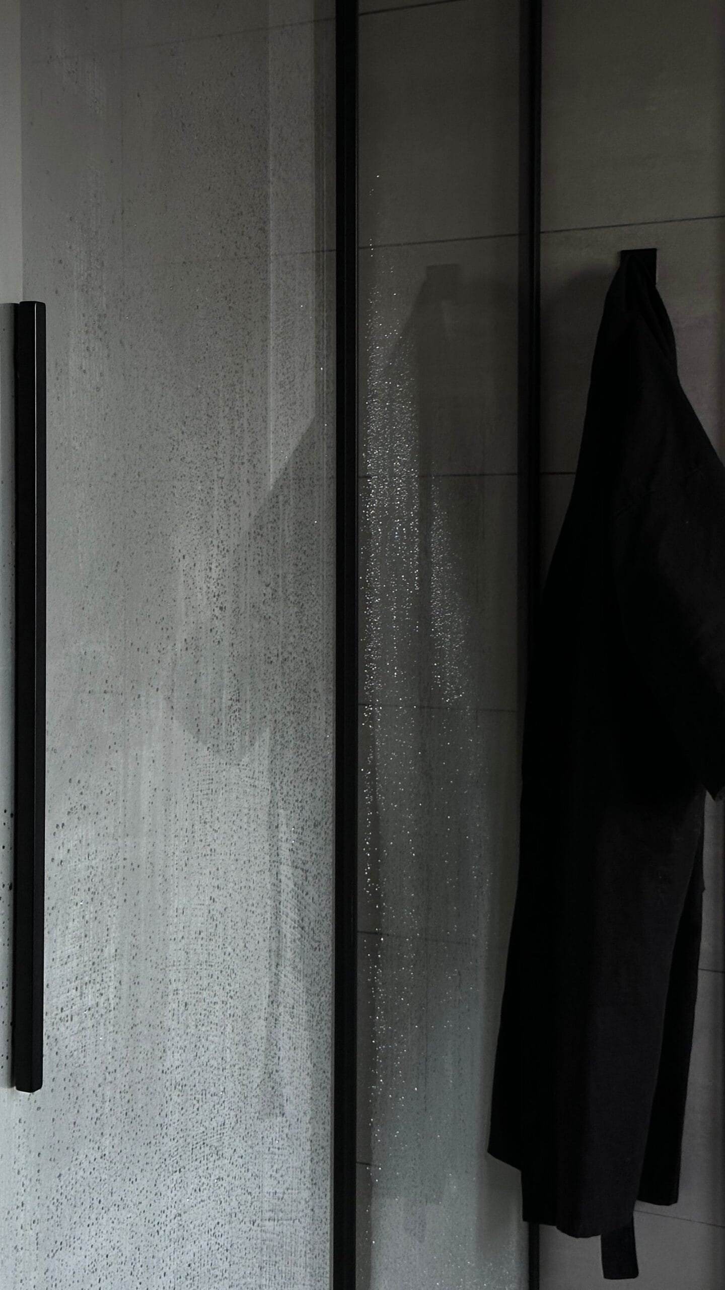 Dark tiled shower with a glass enclosure